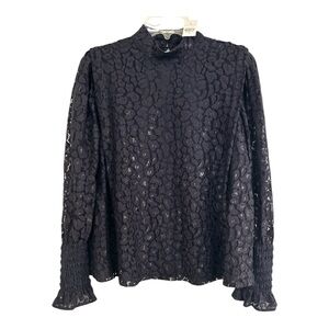 Ann Taylor Floral Lace High Neck Smocked Cuff Lined Top Navy Size Small NWT